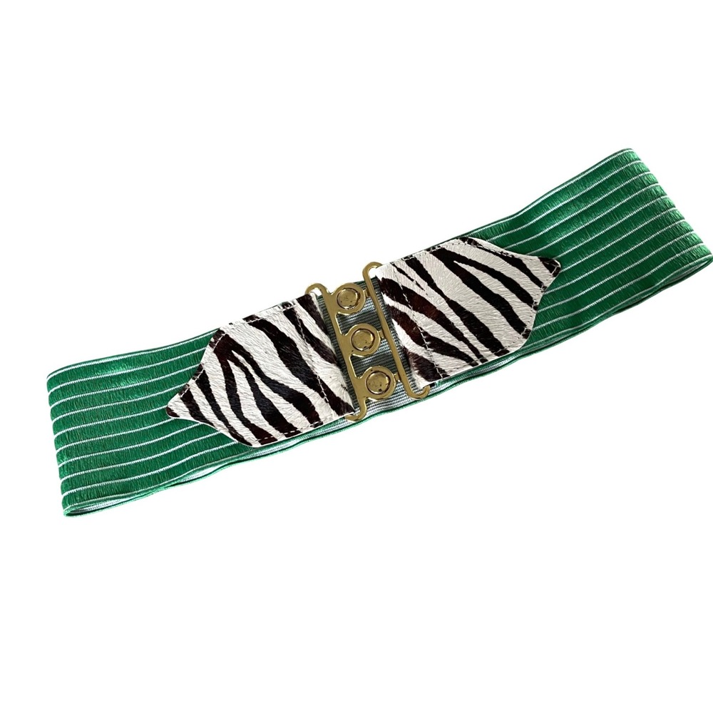 English Zebra Calf Hair Stretch Waist Belt Womens M Green Eclectic Gold Hook